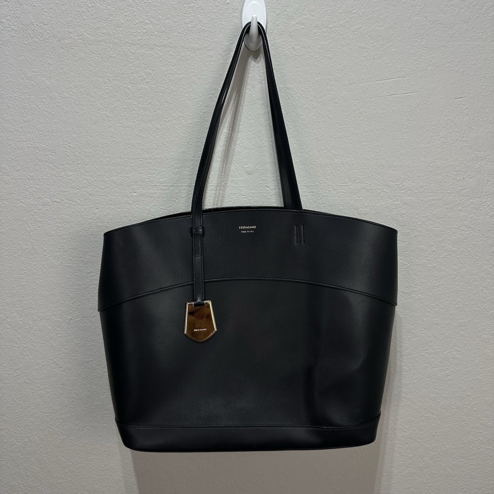 Salvatore Ferragamo Medium BLACK Leather Charming Tote Bag Logo Print Designer